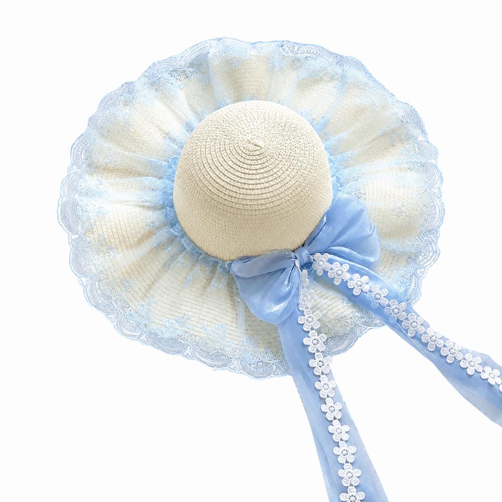 Flower Straw Hat Big Bowknot Wide Brim Hat Lolita Sun Protection Hat Seaside Vacation