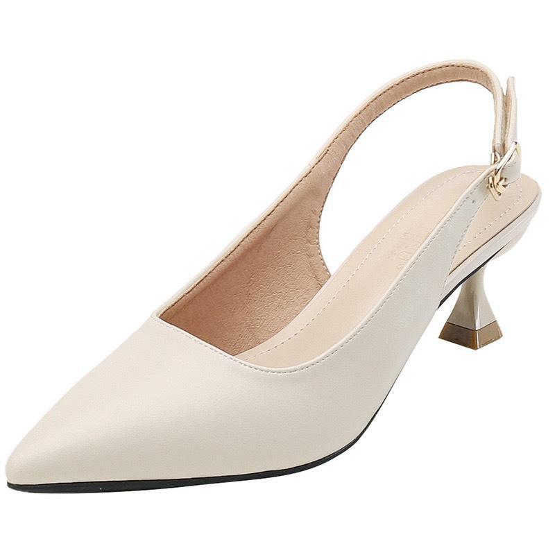 "Fuxing Women's Beige Pointed Toe Stiletto Sandals with Ankle Strap"