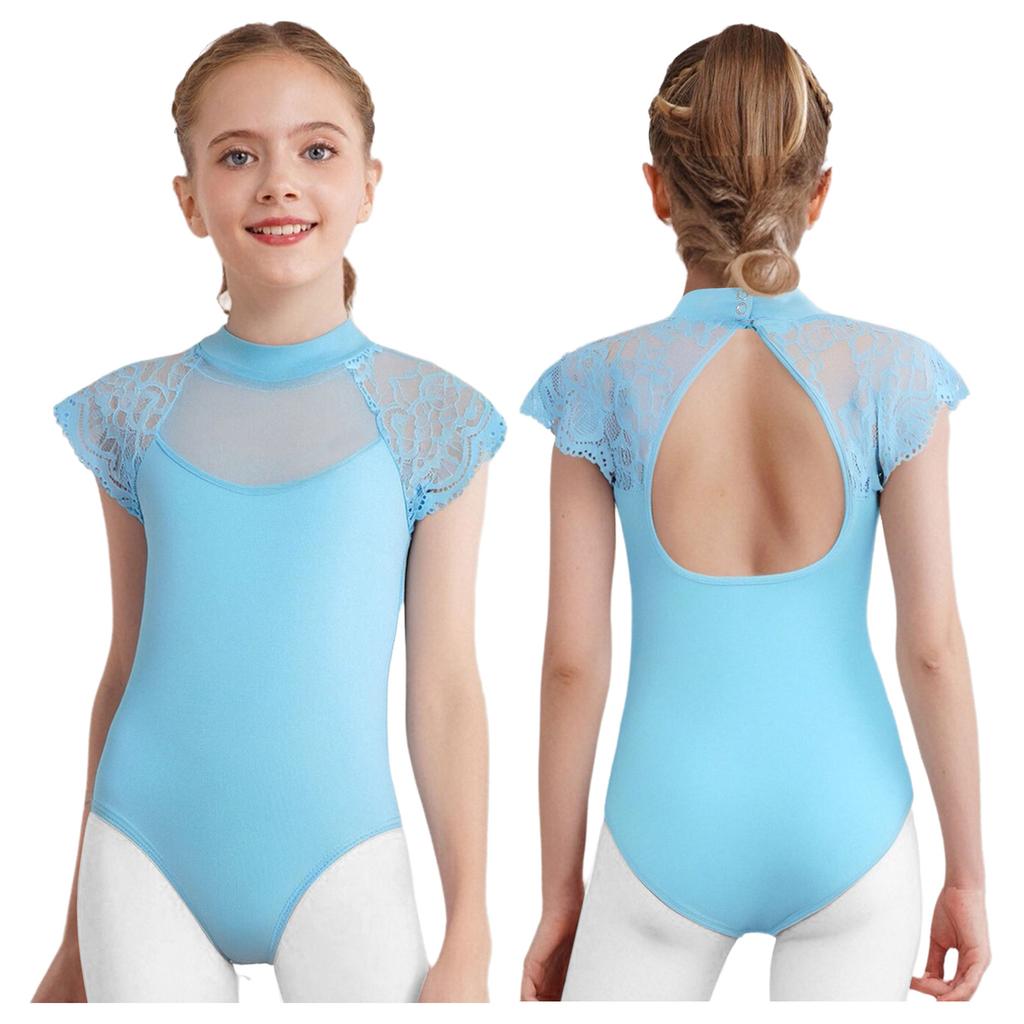 Girls Ballet Exam Leotard Lace Cap Sleeves Sheer Mesh Patchwork Cutout Dance Practice Wear