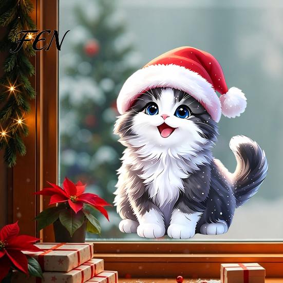 Christmas Window Clings Cat Sticker, Cute Kitten Static Cling, Removable Seasonal Art Waterproof Holiday PVC Decal for Living Room Bathroom Decoration