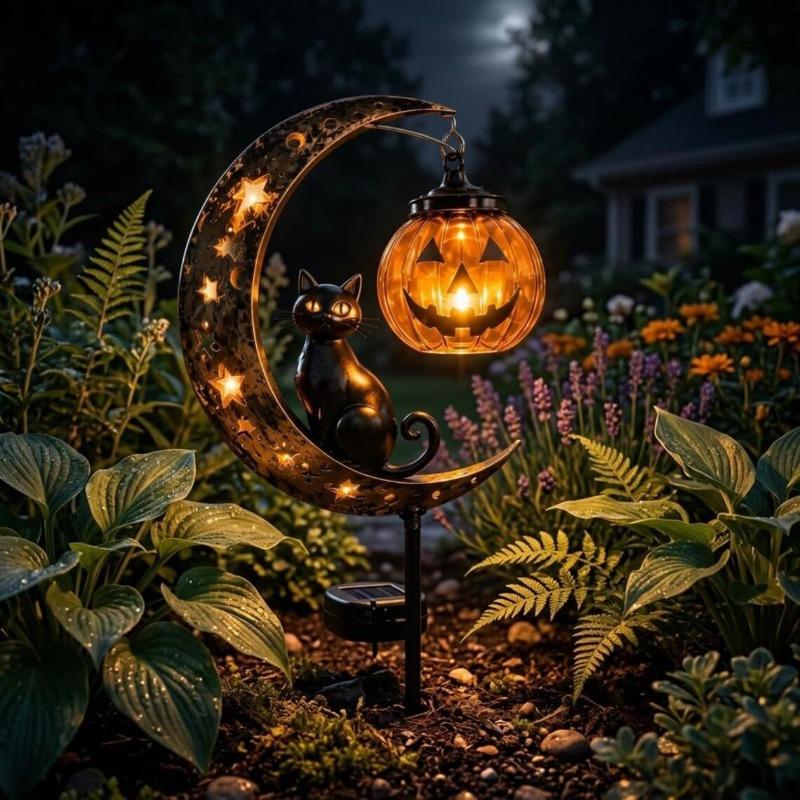 Solar Halloween Black Cat & Pumpkin Moon Garden Stake Light, Halloween Garden Decorations Outdoor, Hanging Pumpkin Lantern