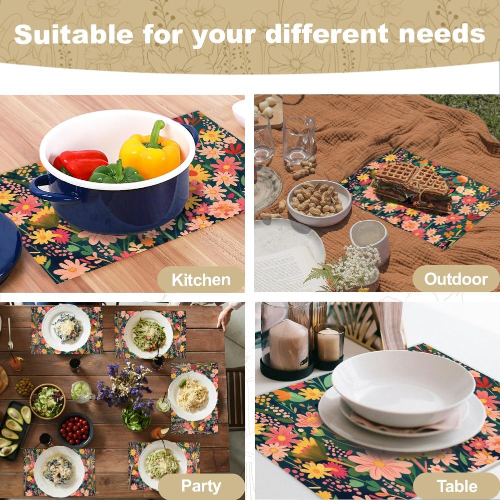WADORN Flowers Cat Placemats Set of 6, Black Cat Wildflowers Cloth Table Place Mats 11.8x17.7 Inch Non-Slip Linen Washable Table Mats Heat Resistant