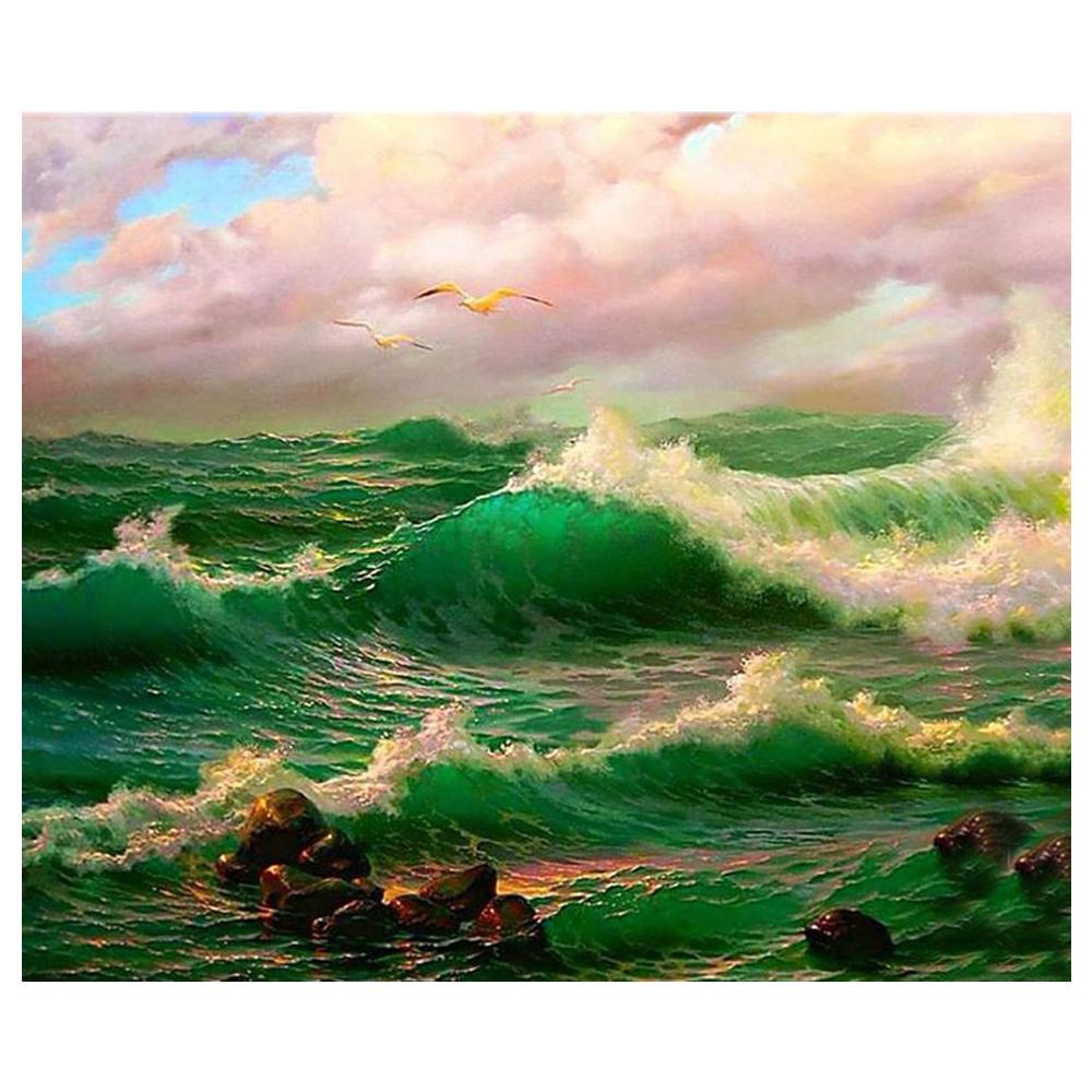 3D Алмазная вышивка Картина Вышивка крестом Круглый горный хрусталь Картина Приморские волны