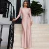 Women Evening Dress Pleated Knot Decor Slim Fit Round Neck Back Zipper Closure Full Length Wedding Party Prom Maxi Dress