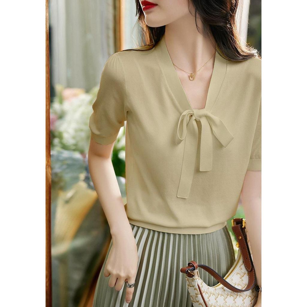 Летняя женская футболка Ice Silk с короткими рукавами, женская трикотажная футболка с V-образным вырезом и завязкой, свободная, с короткими рукавами