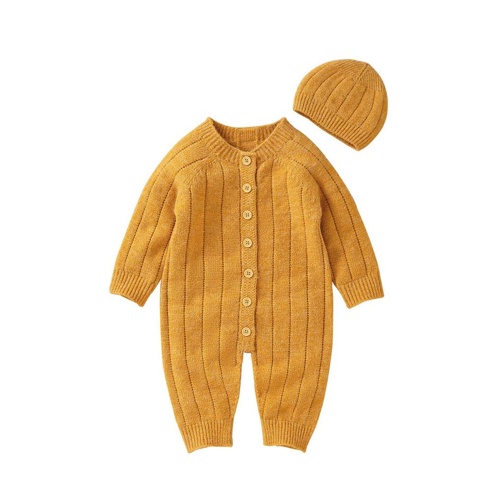 Infant Winter Jumpsuit and Cap, Solid Color Long Sleeve Single-breasted Knitted Romper, 0-18 Months
