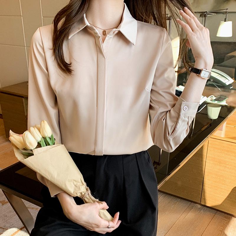 Women's Ash Blue Satin Long Sleeve Shirt - Retro Hong Kong Style, Spring Commute, Concealed Placket, Versatile Drapey Blouse