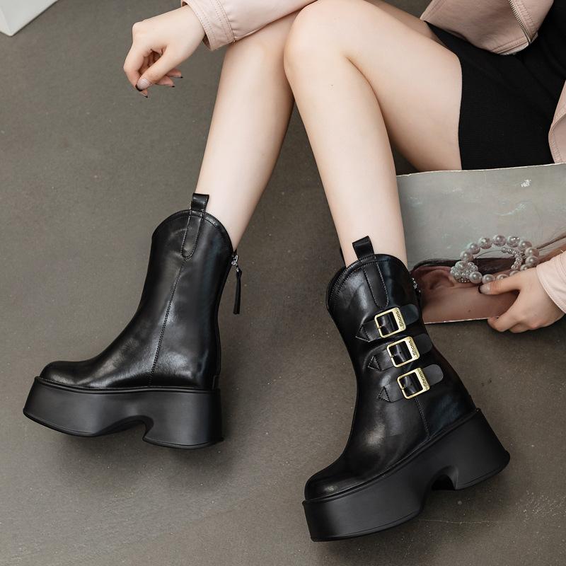 Women's Boots 2024 Autumn Winter New Mid-tube Western Cowboy Boots Niche Thick Soled Belt Buckle Women's Ankle Boots