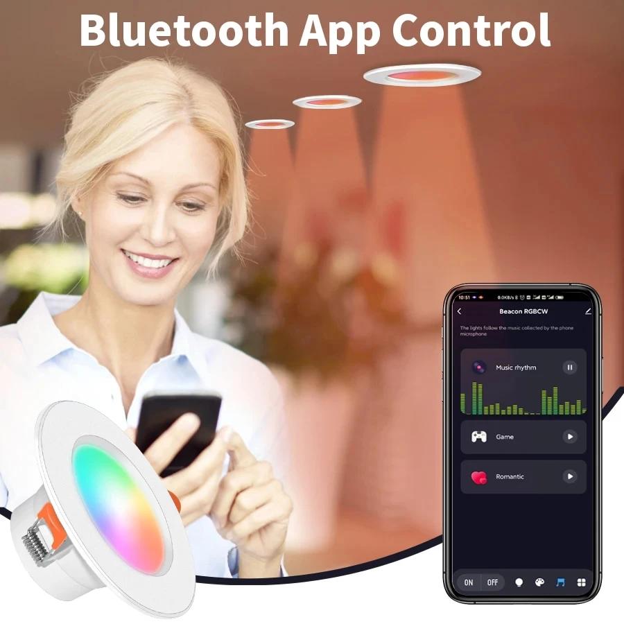 Tuya Bluetooth Умный светодиодный потолочный светильник 10 Вт 15 Вт для помещений, встраиваемый, RGB, с регулируемой яркостью, управление через приложение, многофункциональный таймер