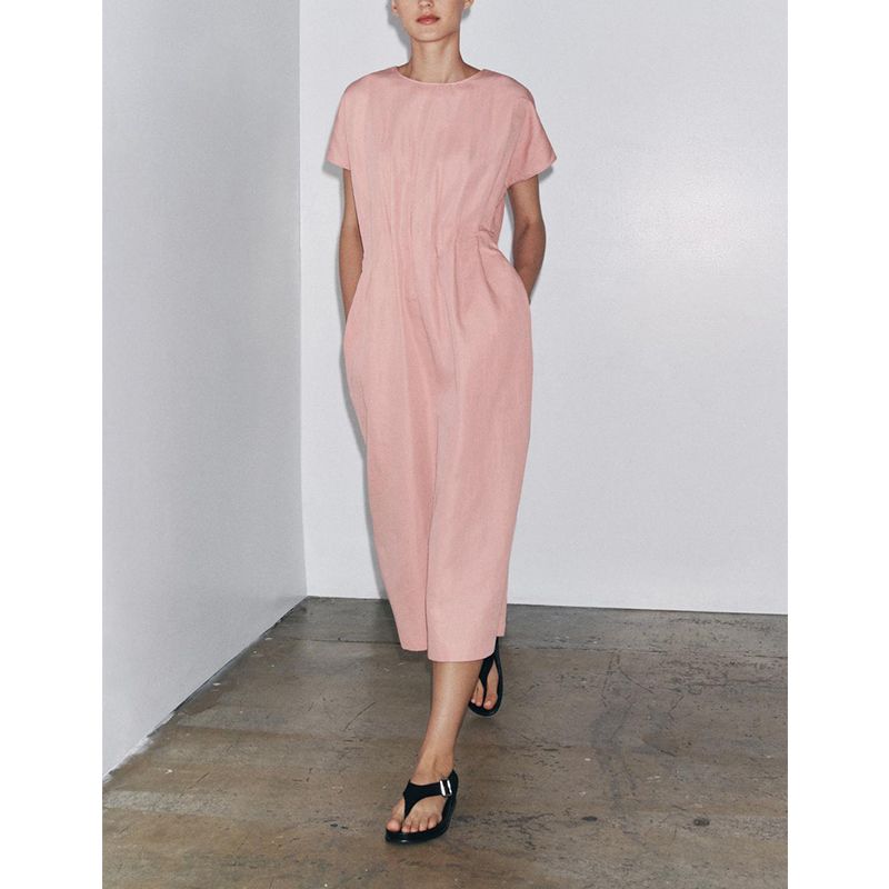 Summer New Women Clothes Basic Round Neck Casual Straight Pleated Short Sleeve Midi Dress 4333041