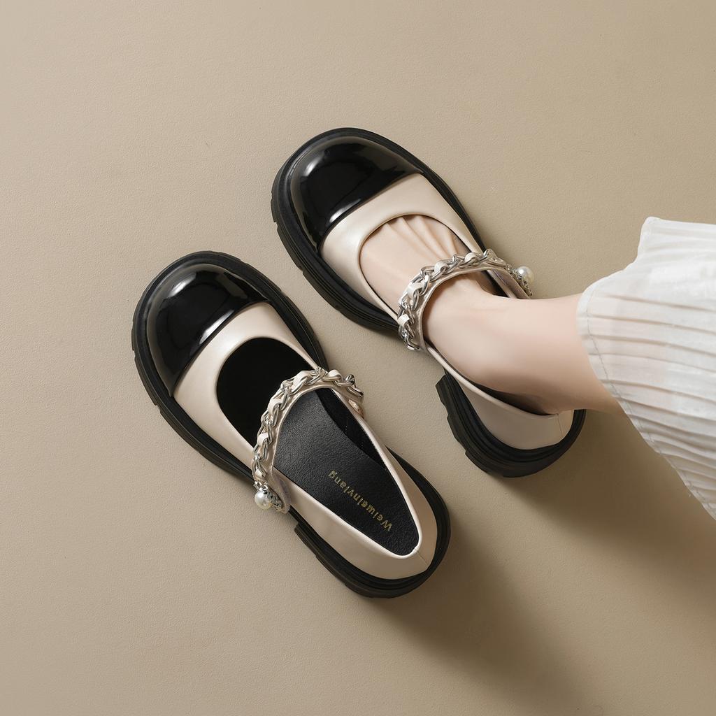 Thick-soled Mary Jane Shoes Women's Light Mouth One-word Belt Color Matching College Small Leather Shoes