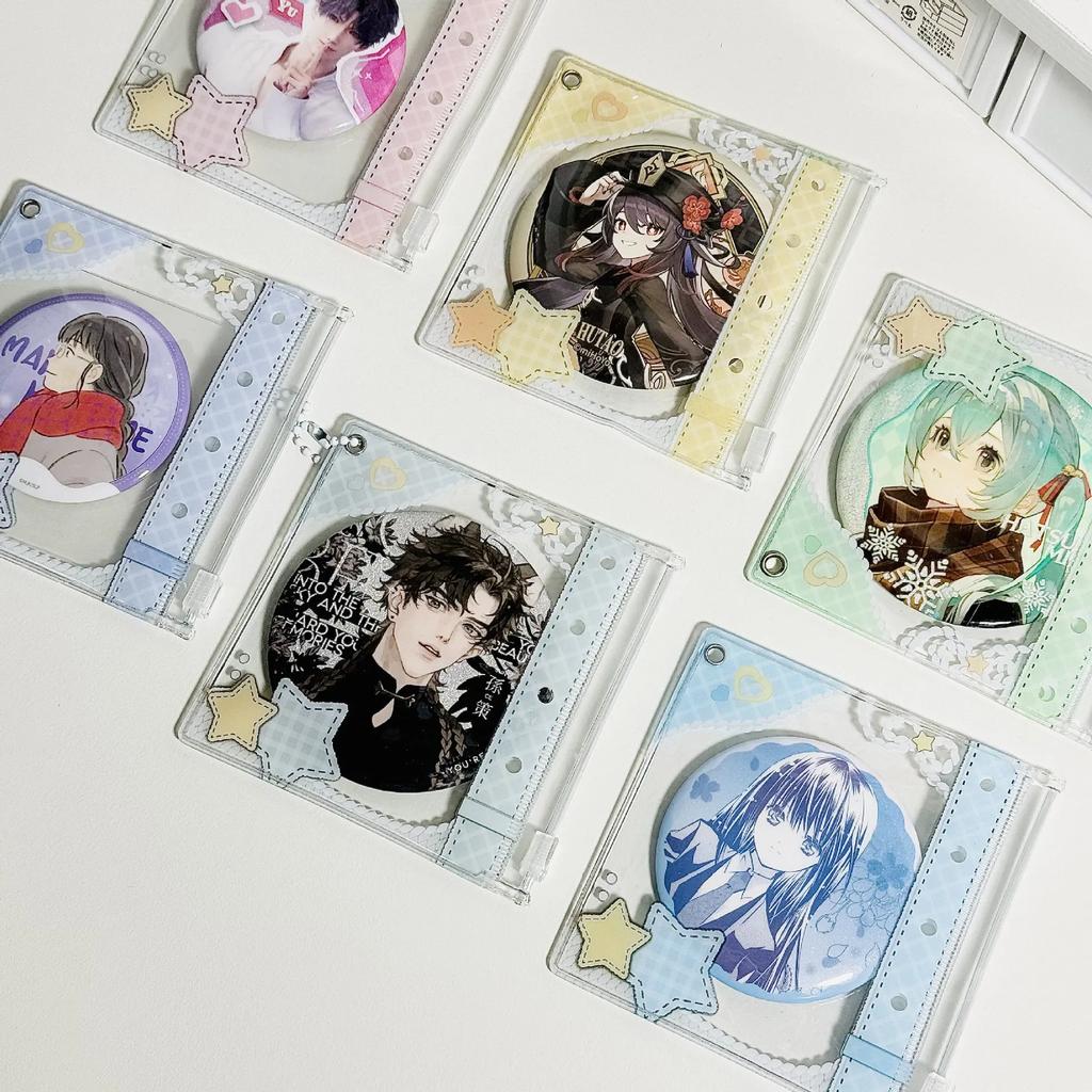 Japanese INS Star Plaid PVC Badge Holder 58~78mm Round Pin Badge Beautify Transparent Display Pocket Cute Cartoon Bag Pendant