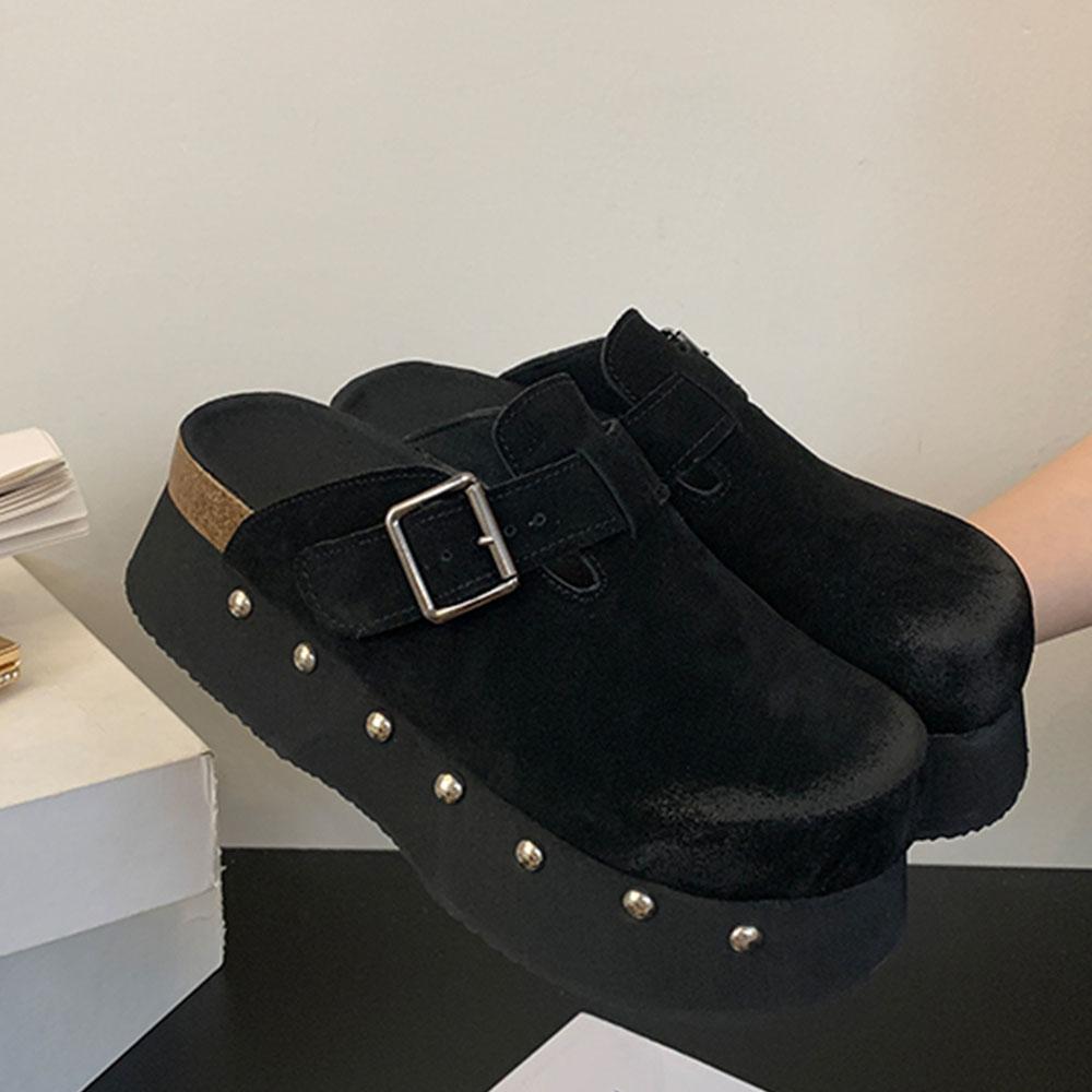 Summer Trendy Platform Mules Shoes For Women Genuine Leather Rivet Slip-on Punk Chunky Heels Women Flat Pumps