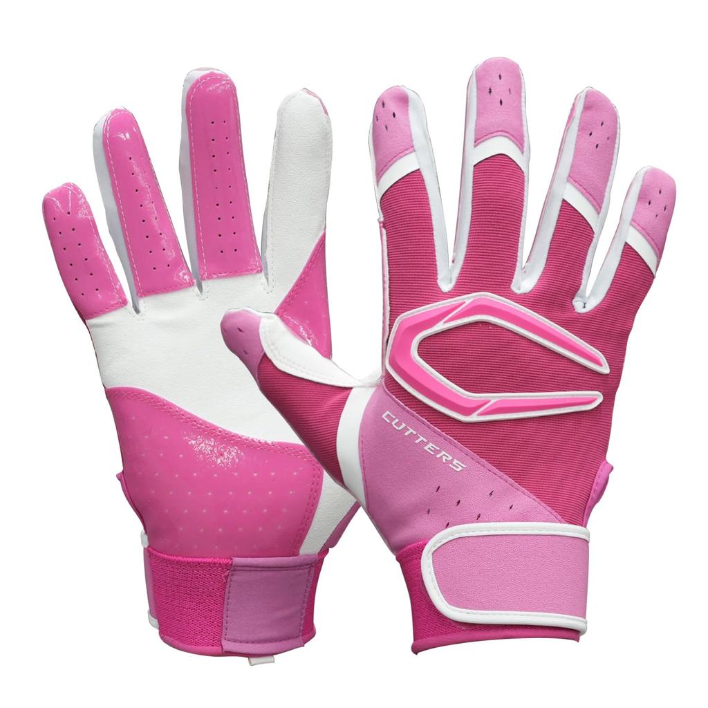 CUTTERS Batting Gloves B444 Power Control Size 4.0, Ambidextrous, Baseball/Softball, M, Pink/White