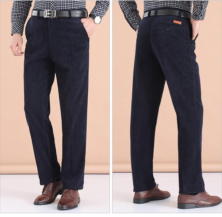 Мужские осенне-зимние брюки из вельвета с велюровым ворсом - Высокая талия, прямая штанина, свободный крой, повседневные брюки для среднего и пожилого возраста