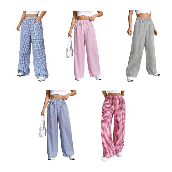 Женские брюки с эластичной талией, средней посадкой, широкие длинные брюки с карманами, клетчатый принт, удобные повседневные брюки