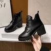 Boots for Women 2025 Autumn New Round-toe Chunky Heel Black Women's Boshoes Casual Lace Up High Heel Platform Short Botines