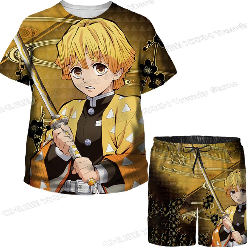 Детские топы/брюки/костюм с 3D принтом японского аниме «Убийца демонов» для девочек Kimetsu No Yaiba Tomioka Giyuu, комплект футболок и шорт с мультяшным рисунком