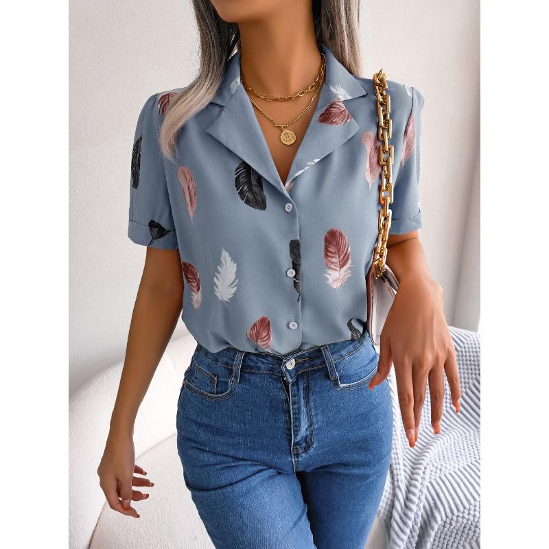 VEZFAA Женская мода повседневная летняя весна перо принт короткий рукав воротник поло блузки и рубашки