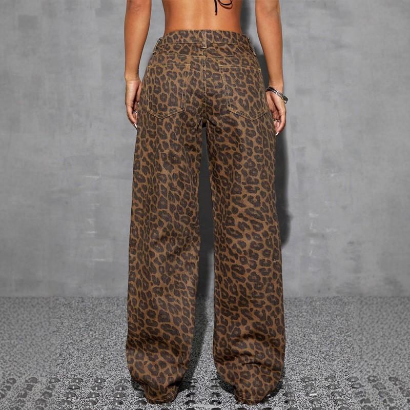 Womens High Waist Leopard Print Jeans Loose Wide Leg Long Pants Vintage Casual Denim Trousers