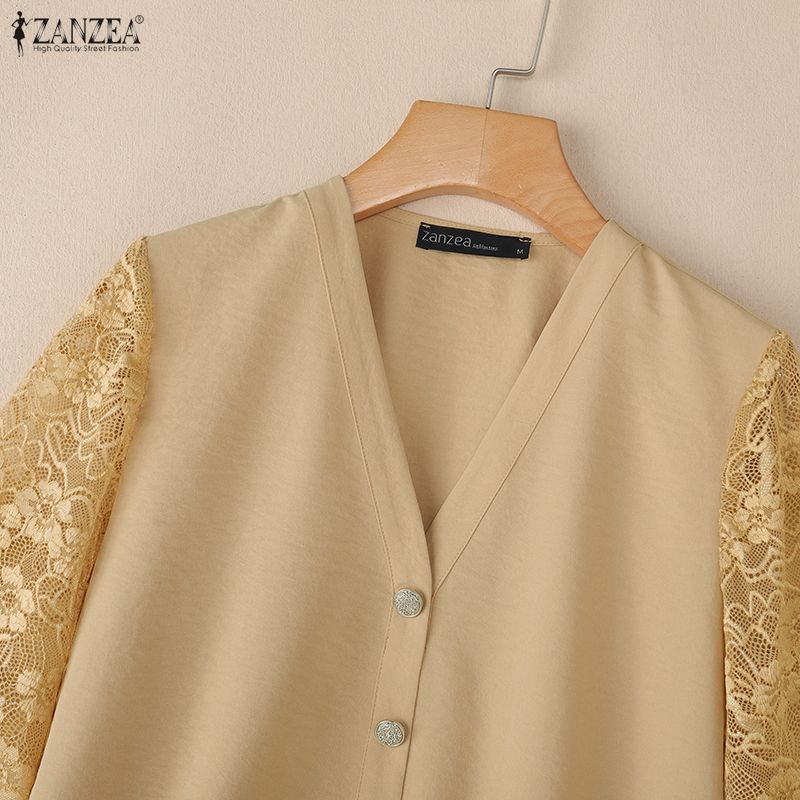 ZANZEA Женская повседневная блузка с V-образным вырезом, свободного кроя, со вставками из кружева, с рукавами 3/4