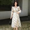 Exquisite Floral Dress In Ink Painting Female Autumn French Retro V-neck Long-sleeved High-sense Fairy Dress