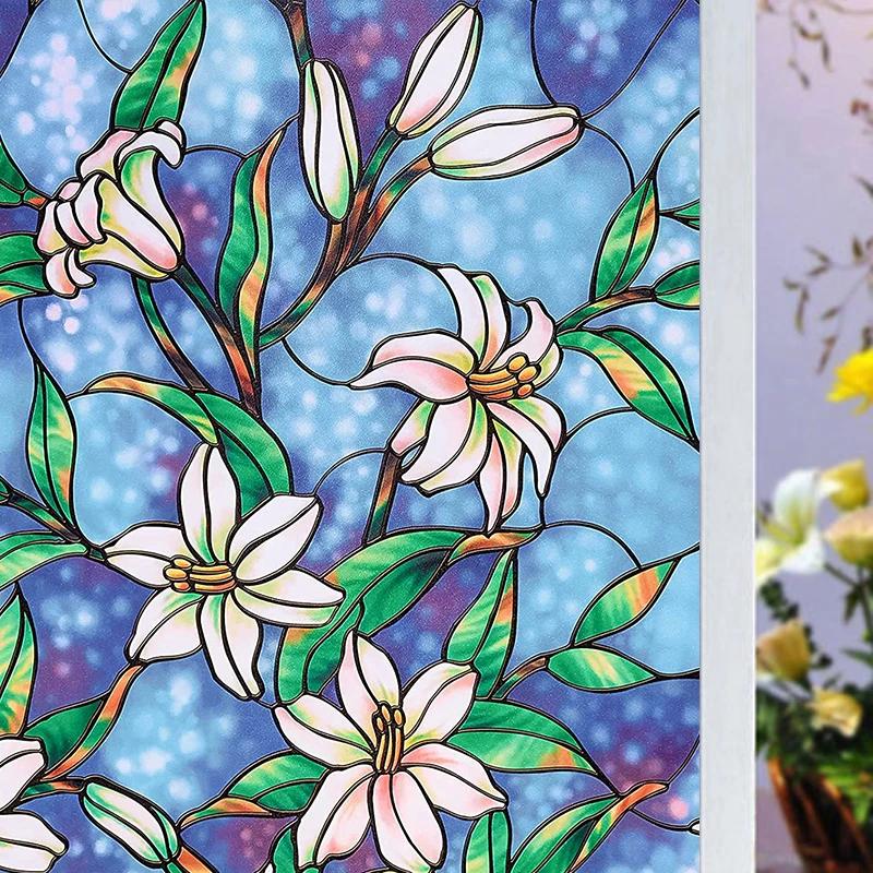 2/3 м Цветочная оконная пленка Виниловая непрозрачная стеклянная пленка Защита конфиденциальности Стеклянные 3D-наклейки Витражные стеклянные пленки Украшение дома