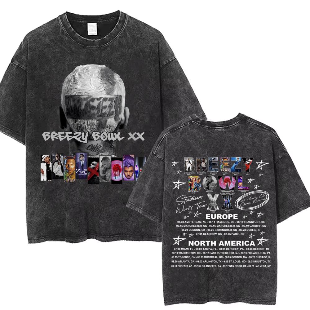 retro Washed Chris Brown Breezy Bowl XX Tour Graphic T Shirts Men Hip Hop Fashion Casual Tshirts Unisex Summer Cotton tees