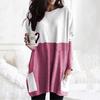 Women Tops Round Neck Long Sleeve Color Block Pullover Tops with Pockets Loose Fit Mid-length Shirt Daily Wear
