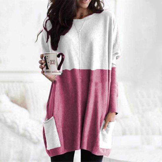 Women Tops Round Neck Long Sleeve Color Block Pullover Tops with Pockets Loose Fit Mid-length Shirt Daily Wear