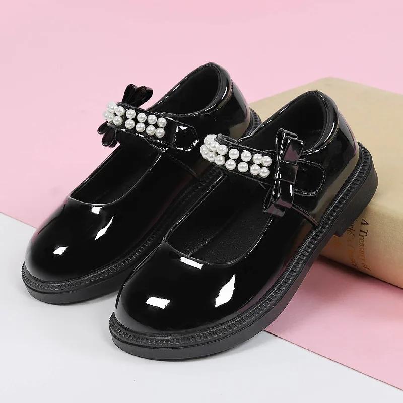 Детские кожаные туфли, черные школьные туфли для девочек, универсальные повседневные детские модные туфли на плоской подошве, нескользящие, весна-осень