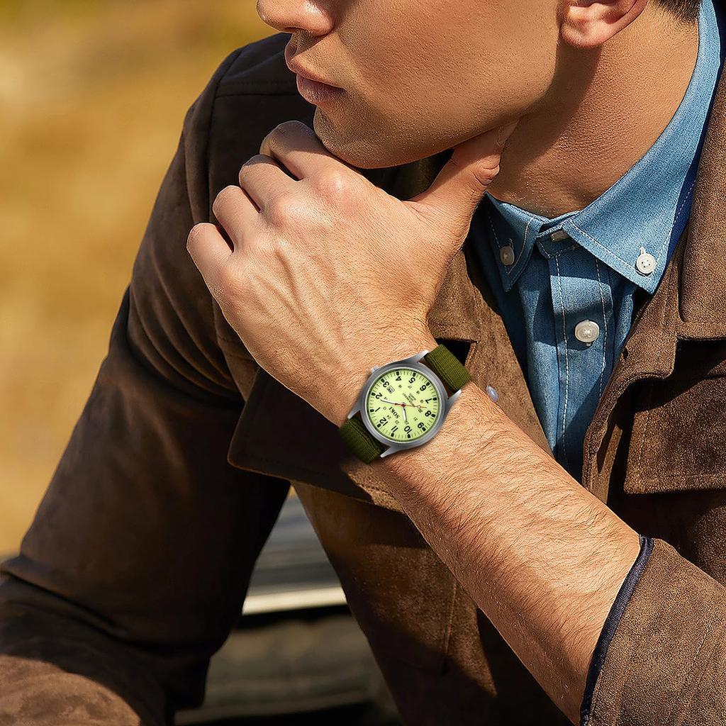 Arabic Imitation Military Luminous Large Nylon Green Men's Wristwatch, Waterproof, Luminous Numerals, Exquisite, Watch, Outdoor, 24-Hour Pointer,