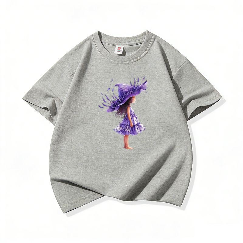 Kids Cotton T Shirt Purple Lavender Girl Print Crew Neck Short Sleeve Tee Casual Breathable Boys Girls Summer Tops