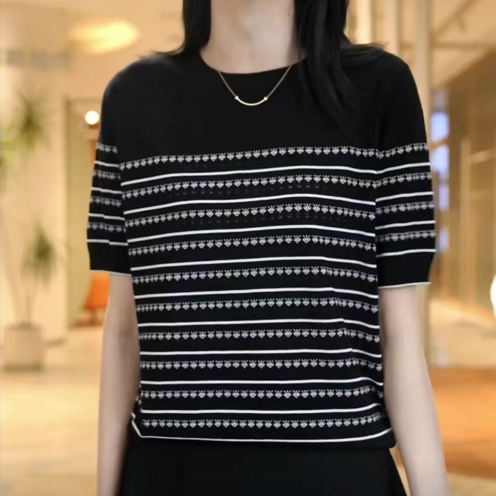 Женская полосатая трикотажная рубашка из ледяного шелка, футболка с коротким рукавом, летний свободный топ