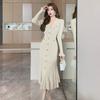 2023 Autumn/Winter Women's French-Style Ruffled V-Neck Long-Sleeve Knit Fishtail Dress