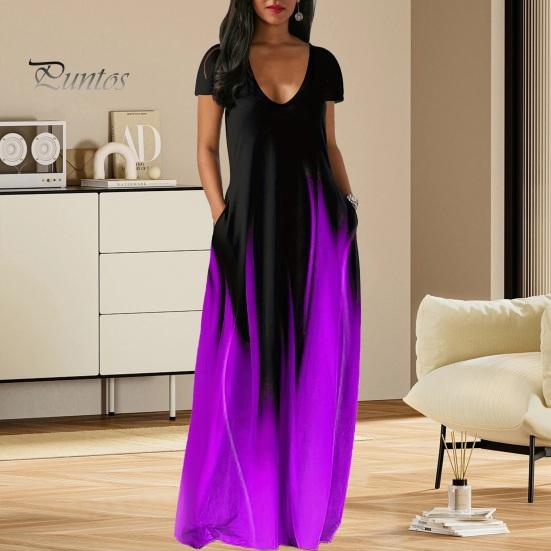 Women Maxi Dress with Pockets V Neck Short Sleeves Gradient Contrast Colors A-line Full Length Dress for Daily Party Dating
