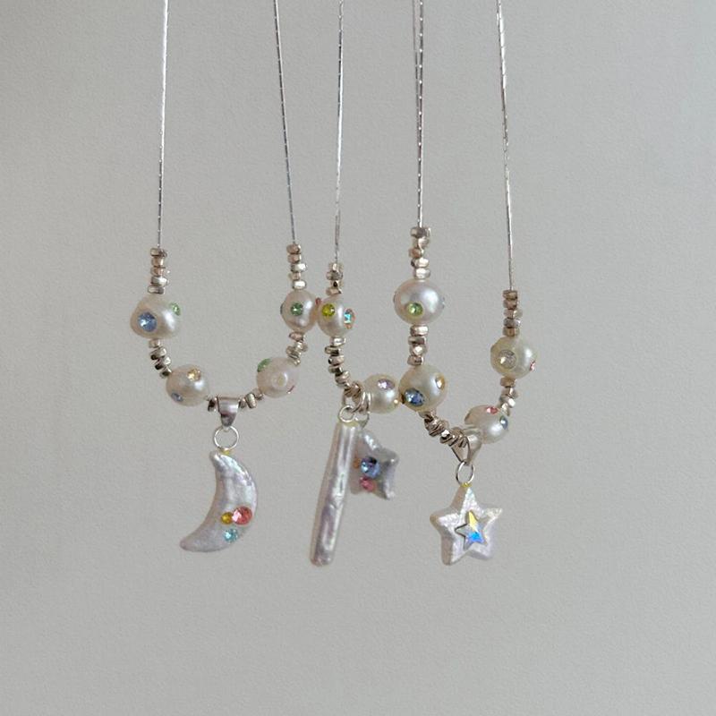 Aesthetic Colorful Rhinestone Star Pendant Silver Color Pearl Necklace for Women Beaded Neck Chain Jewelry Accessories