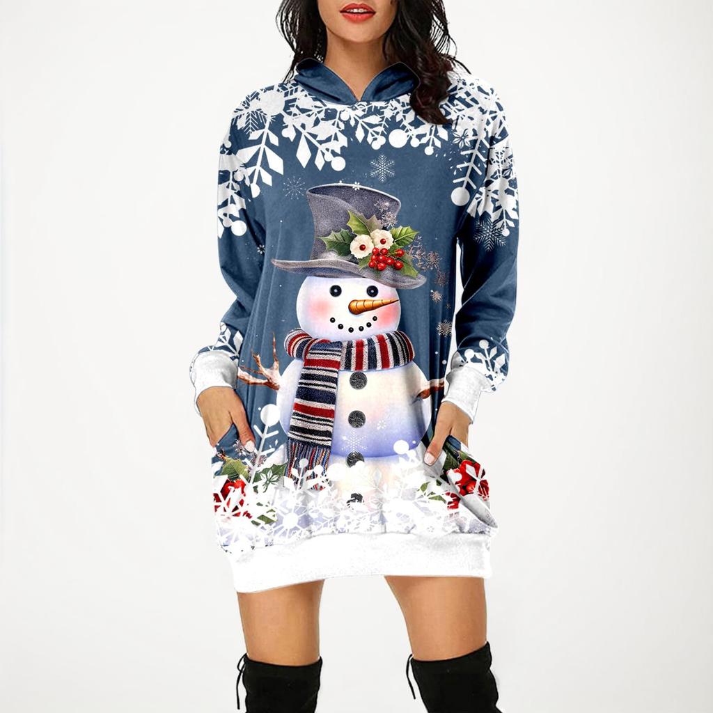 Women's Fashion Loose Casual Pocket Long Sleeve Hoodie Christmas Printed Sweatshirt Top