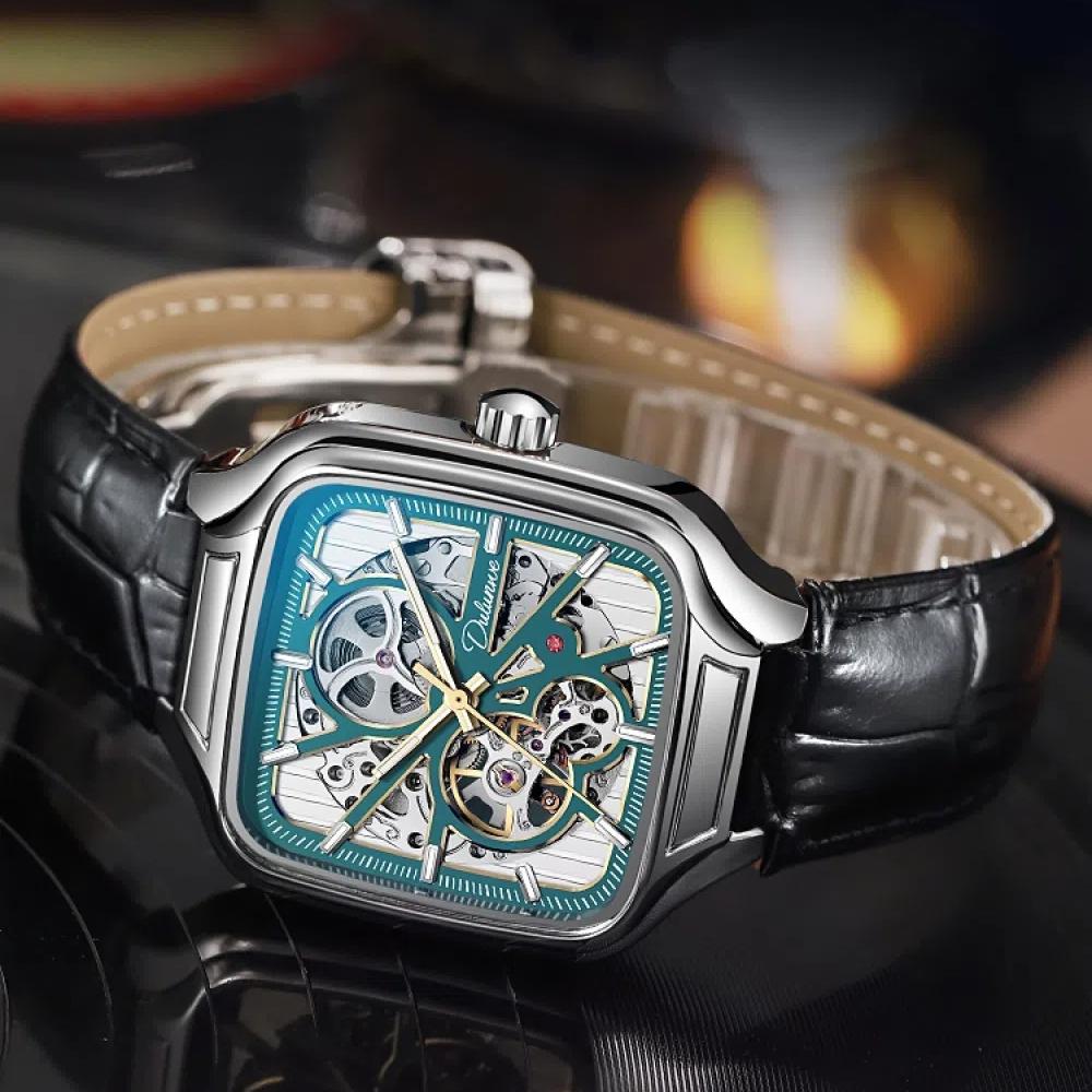 Dulunwe Квадратный циферблат светящиеся автоматические механические часы скелетон часы мужские модные наручные часы из нержавеющей стали