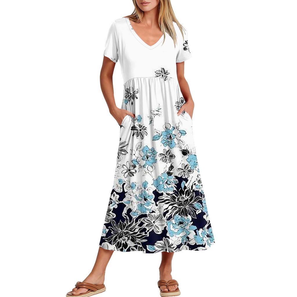 Women's Casual Dresses With Pockets, Flowing Maxi Skirt, Women's V Neck Short Sleeve Summer Maxi Dress