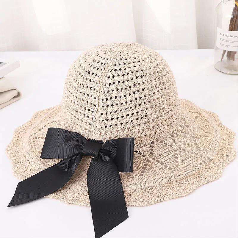 WTEMPO Summer Black Bow Wide Brim Outdoor Travel Knitted Hats Women's Foldable Solid Color Casual Versatile Hats