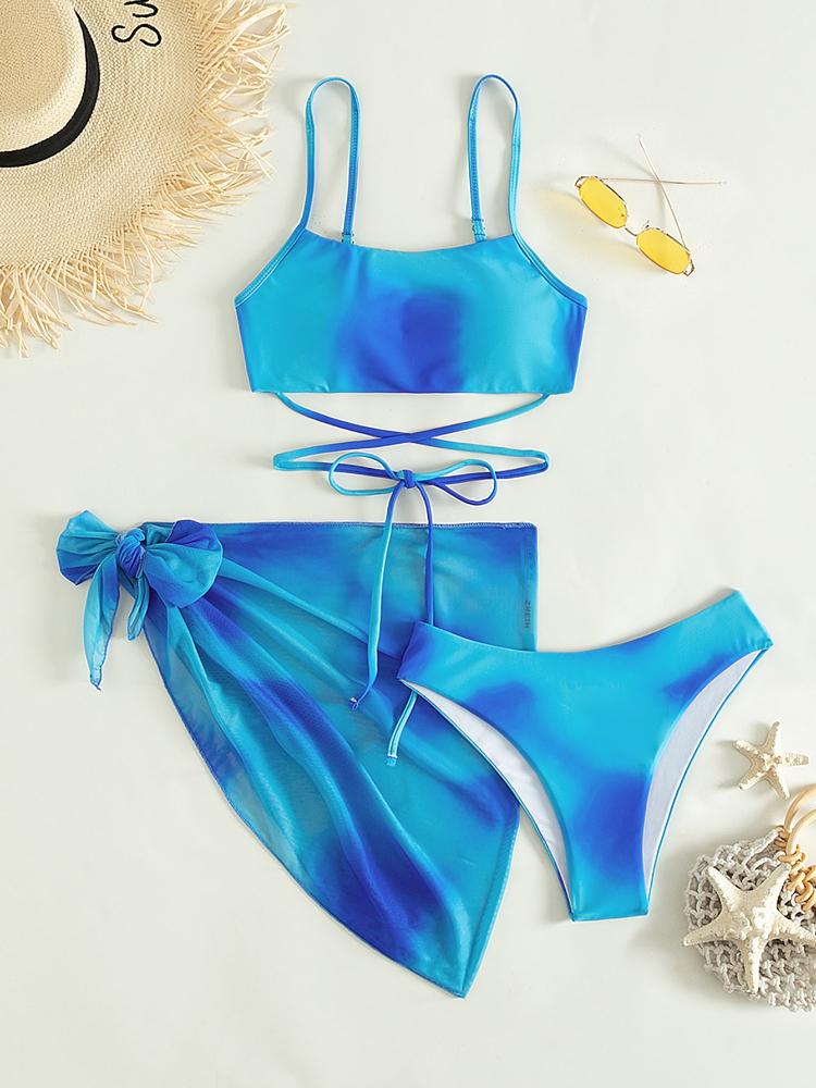 3 Pieces Ombre Lace Up Bikini Swimsuit & Beach Skirt Sexy Swimwear Women 2023 Bathing Swimming Swim Suit Female Summer Beachwear