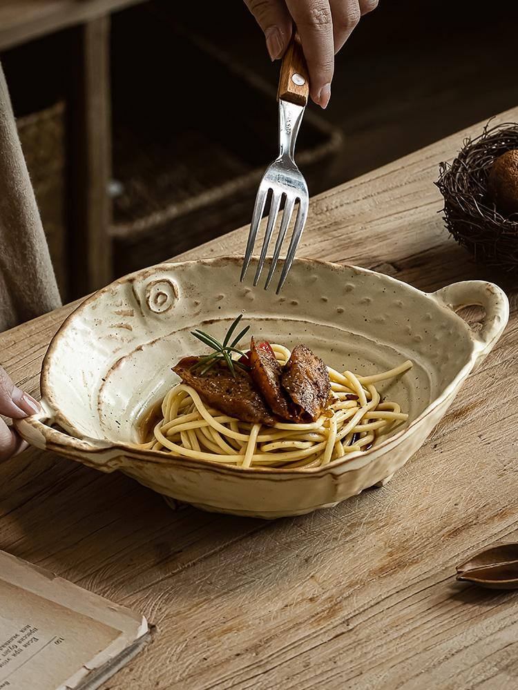 Тарелка из грубой керамики, японская ретро керамическая тарелка с двойными ручками, тарелка для салата, бытовая тарелка для фруктов ручной работы, салатник