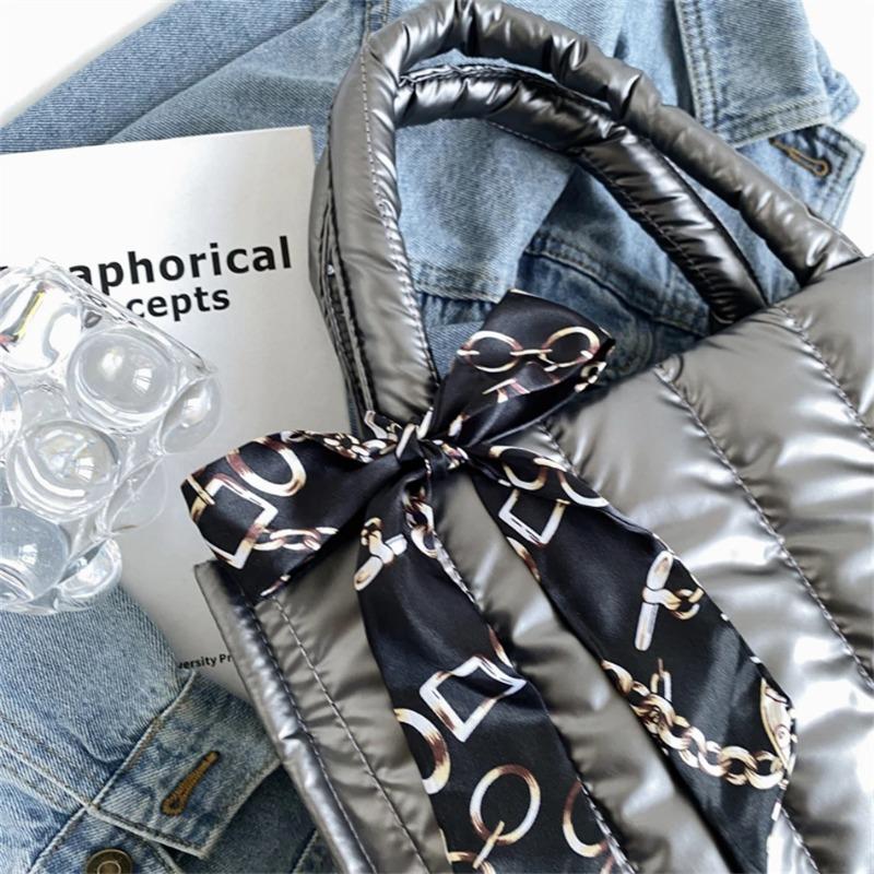 Elegant Women's Totes Bags with Silk Scarf Accent Winter Quilted Crossbody Bags for Women Casual Solid Color Padded Shoulder Bag
