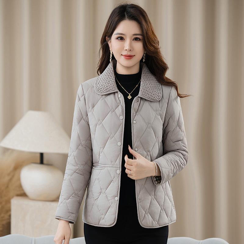Solid Color Lapel Middle-aged Padded Jacket Down Padded Jacket Women's Autumn and Winter Ladies Lightweight Small Padded Jacket Short Commuter