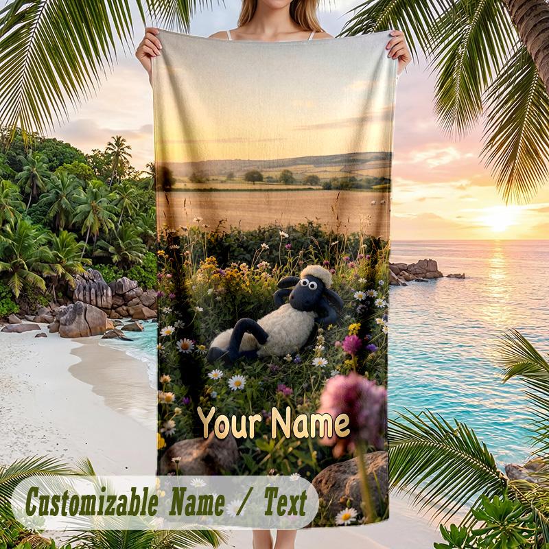 Shaun the Sheep Beach Towel, Personalized Custom Text, Quick Dry Soft Large Towel For Swimming Pool Travel
