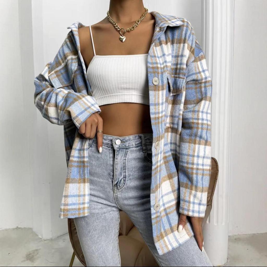 Женская фланелевая клетчатая повседневная свободная рубашка-куртка, новинка 2025 года, европейская и американская