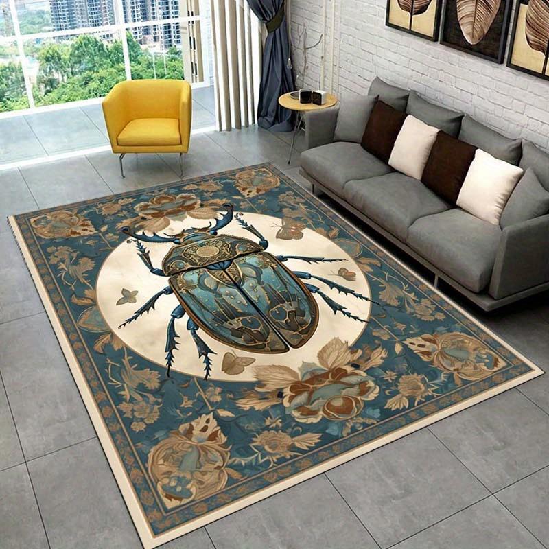 Vintage Beetle Rug with Floral Border Antique Style Living Room Carpet, Nature-Inspired Home Decor Items Skid resistant carpet