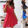 Женское летнее модное мини-платье с коротким рукавом и V-образным вырезом, женское платье в горошек с разрезом, Vestidos для женщин, пляжное платье в стиле бохо