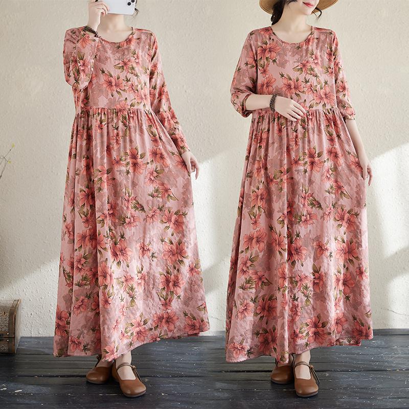 DIMANAF 2025 Women New Plus Size Spring Long Dress Long Sleeve Loose Casual Vintage Maxi Holiday Floral